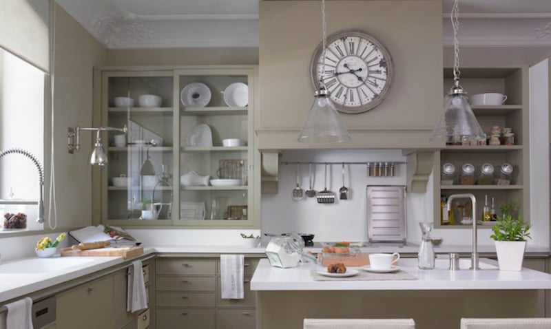 Taupe kitchen using black and white accents.