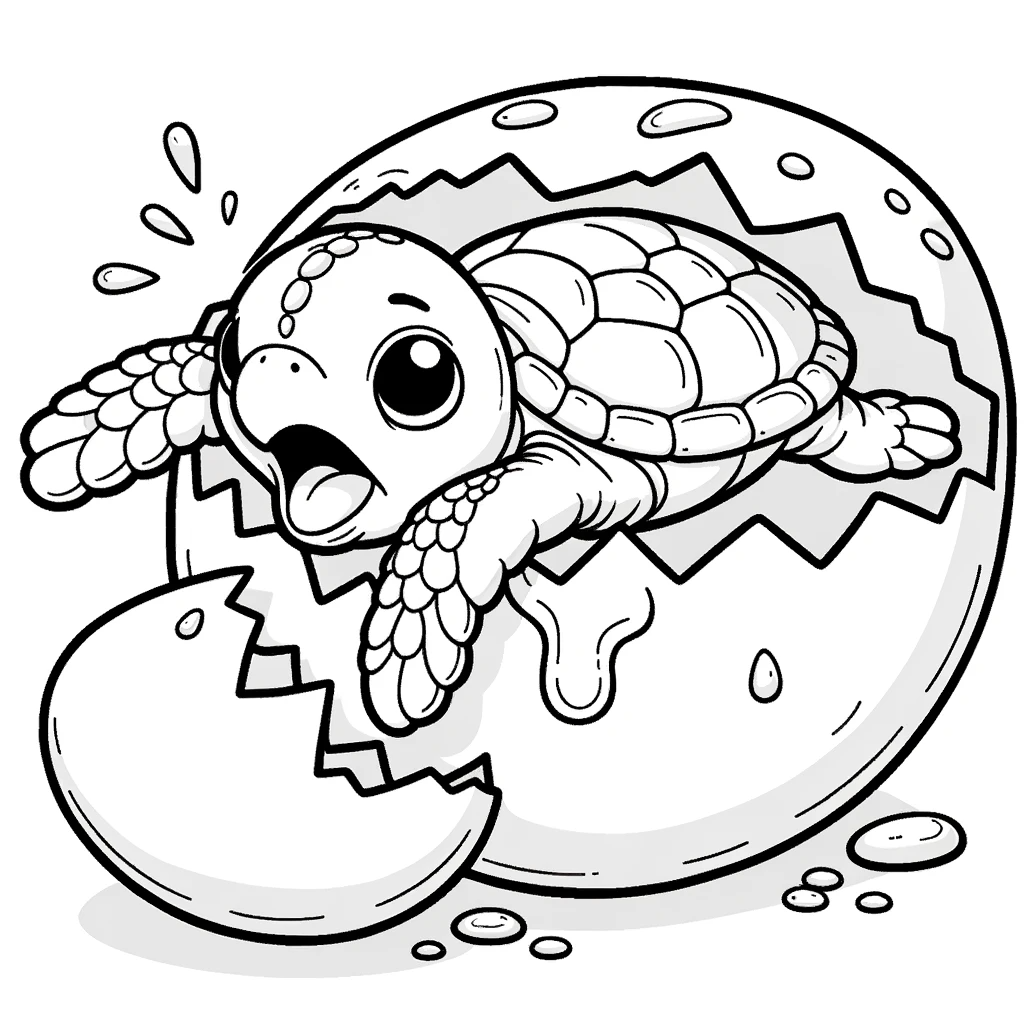 Illustration of a baby turtle hatching from its egg, with the turtle outlined and the details inside empty, perfect for coloring.