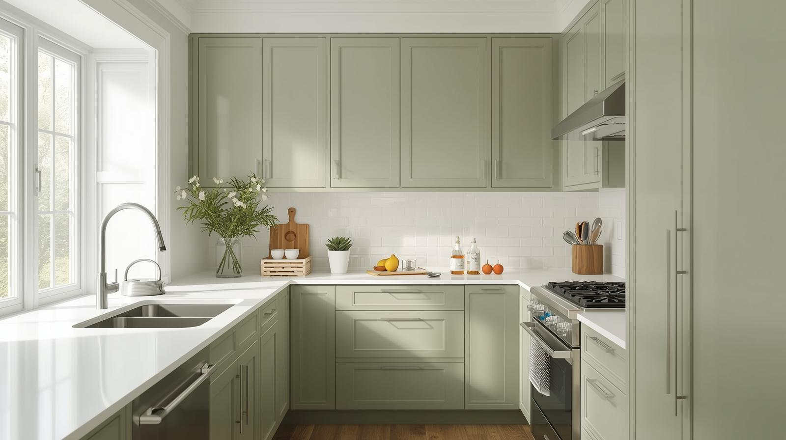 picture of a sage green kitchen with white counter tops