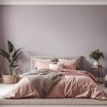 Modern bedroom with 2026 color trends featuring soft pink bedding, dusty lavender walls, and blush curtains. Includes a gray upholstered bed, wicker basket, and indoor plants, showcasing a soothing interior design color palette.