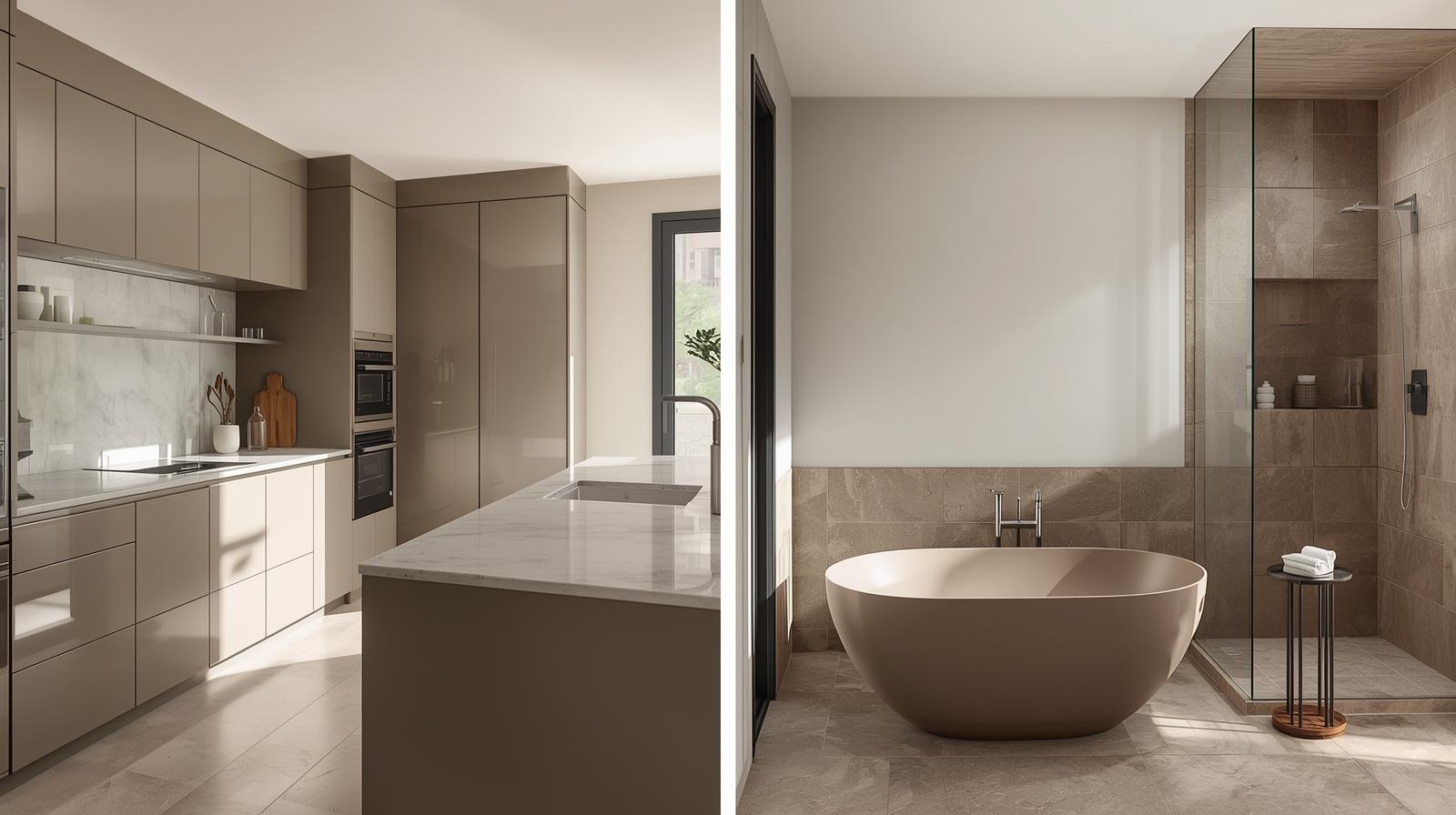 Modern taupe interior styling for 2026 homes featuring a sleek kitchen with taupe cabinetry and marble countertops, and a luxurious bathroom with a taupe freestanding bathtub and glass shower.